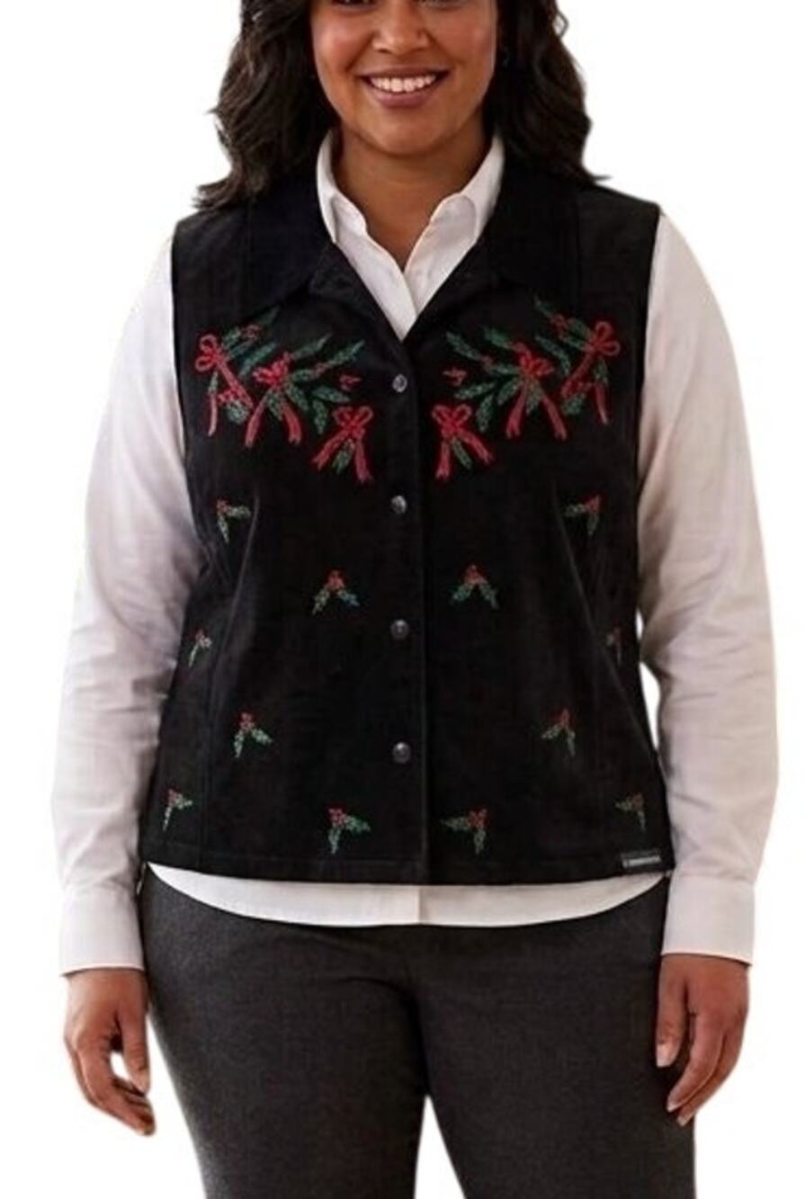 NWT VTG DRESSBARN Embroidered Holly Berry Velvet Holiday Vest SZ L